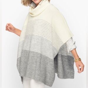 Talbots Knit Cape Poncho Sweater Cozy cream Striped Gray Turtleneck size M / L